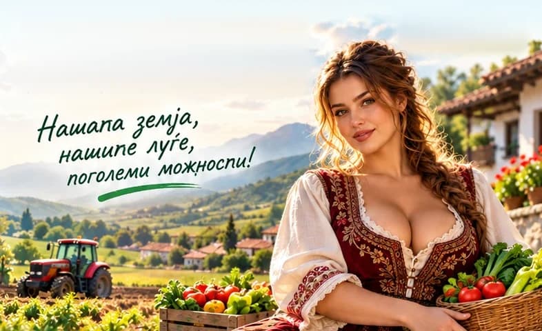 Македонска земјоделка со кошница зеленчук пред поле, трактор и село. Нашата земја, нашите луѓе, поголеми можности!